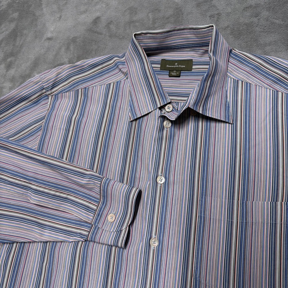 Ermenegildo Zegna Striped Button Down Shirt Mens XL Blue Cotton Silk Luxury